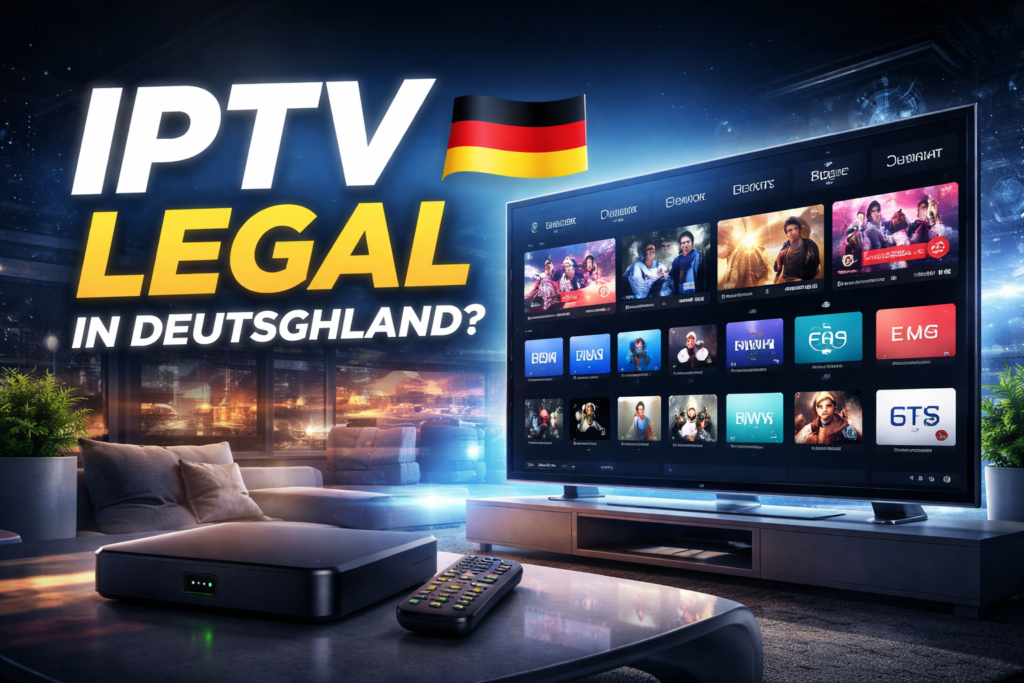 Darstellung von IPTV Streaming auf einem Smart TV mit Erklärung zu IPTV legal in Deutschland und modernen IPTV Diensten für Nutzer die IPTV kaufen möchten