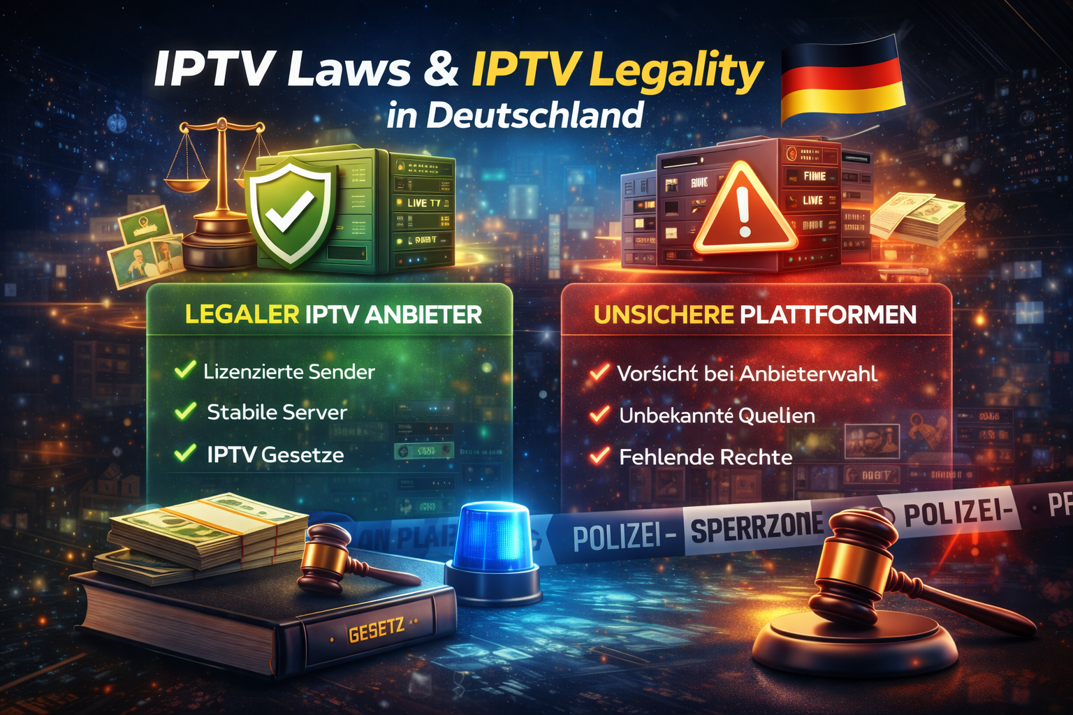 Illustration zu IPTV Laws und IPTV legal Nutzung in Deutschland mit Streaming Plattformen und Informationen für Nutzer die IPTV kaufen möchten