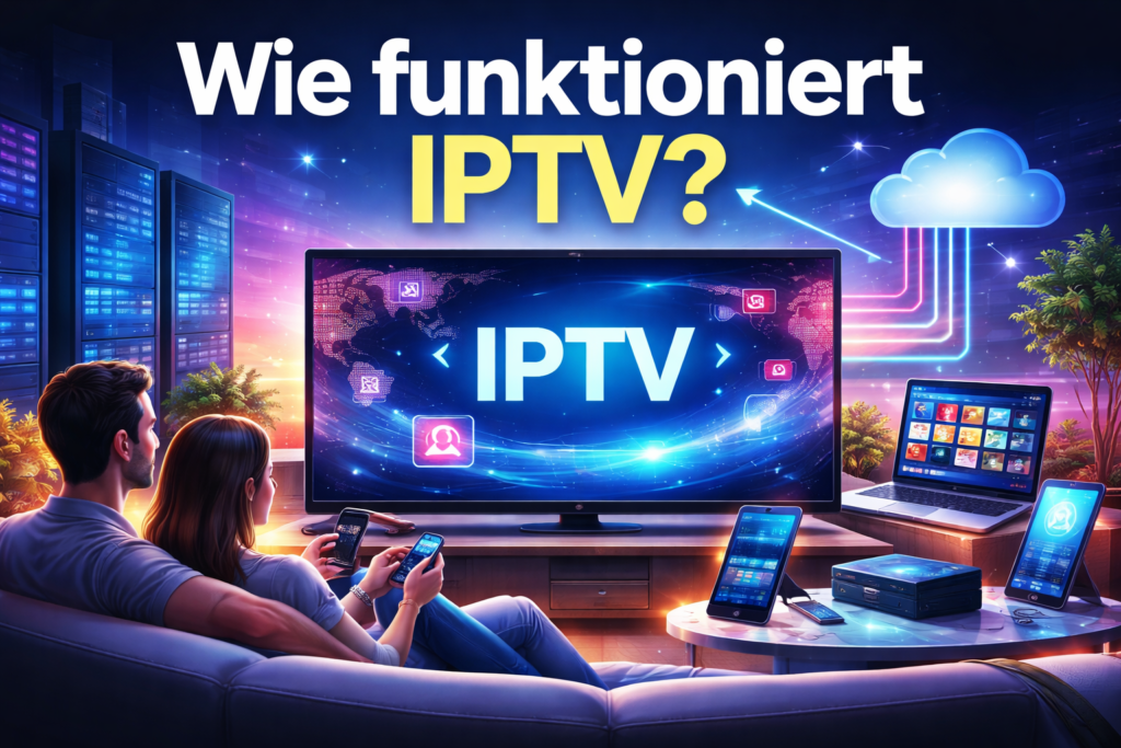 Illustration die zeigt wie funktioniert IPTV mit Smart TV, Smartphone und Servern im Netzwerk für modernes Internet TV und IPTV Deutschland Streaming