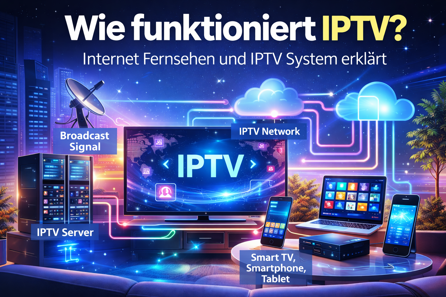 Grafik die erklärt wie funktioniert IPTV über ein IPTV System mit IPTV Server, IPTV Network und verschiedenen Geräten für Internet Protocol TV