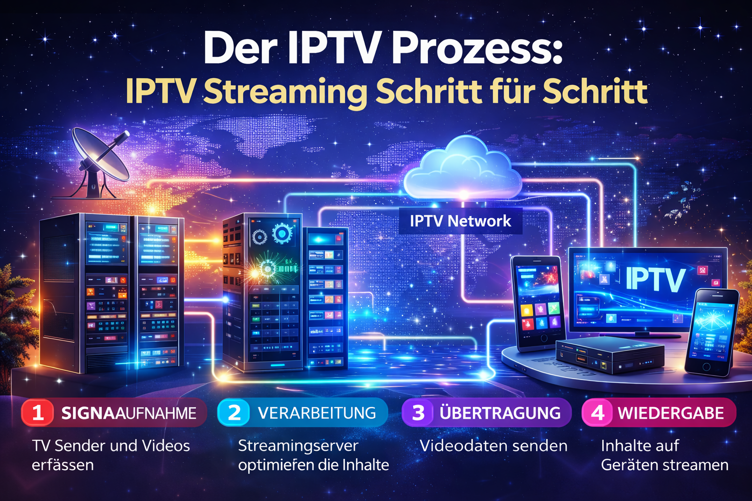 Infografik zum IPTV Streaming Prozess die zeigt wie funktioniert IPTV von Signalaufnahme über IPTV Server bis zur Wiedergabe auf Smart TV Geräten