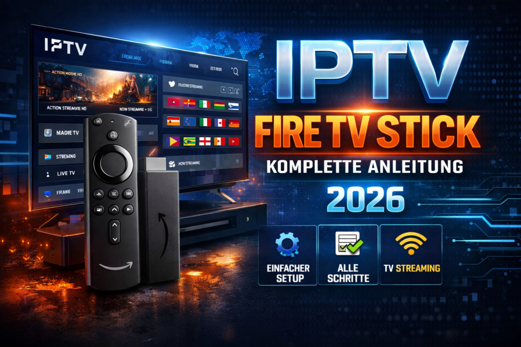 Illustration zur Installation von IPTV auf dem IPTV Fire TV Stick mit Smart TV Oberfläche, Streaming Apps und Fernbedienung