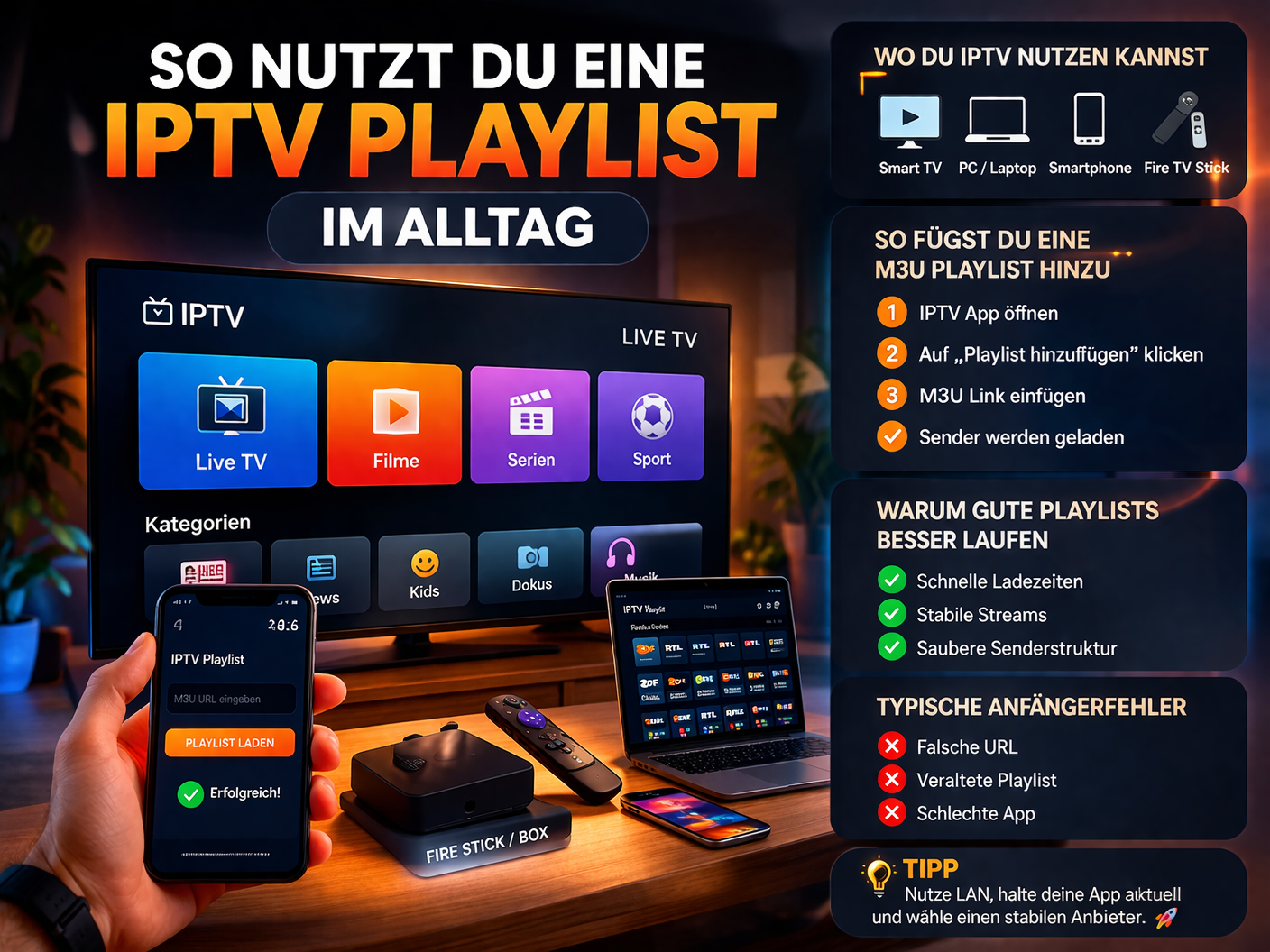 iptv playlist einrichten mit m3u link auf smart tv pc und smartphone anleitung